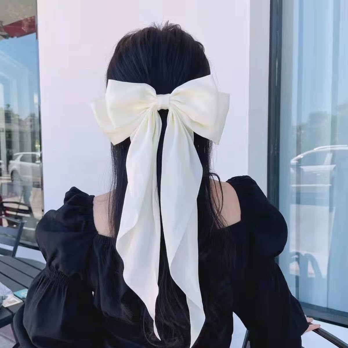 Big Hair Bow Barrettes, Long Tail Hair Bows 2PCS, Large Silky Satin Ribbon Clips for Women, Girls, Premium Metal Hair Bowknot Barrettes, Perfect for Party and Daily Hair Accessories (Black and White)