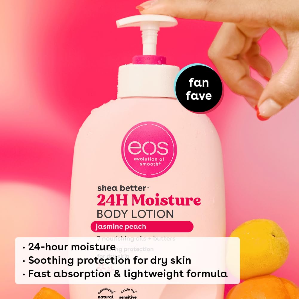 eos Shea Better Body Lotion- Jasmine Peach, 24-Hour Moisture Skin Care, Lightweight & Non-Greasy, Made with Natural Shea, Vegan, 16 fl oz (Pack of 3)