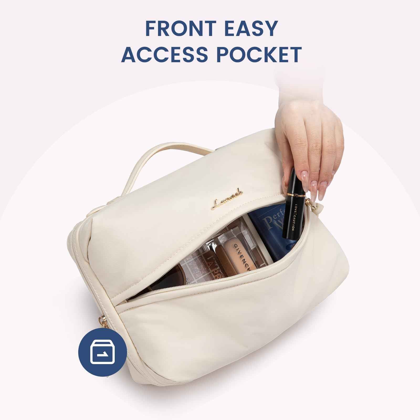 LOVEVOOK Travel Toiletry Bag With Hanging Hook for Women, Puffy Cosmetic Makeup Bag Organizer with Vegan Leather Handle for Accessories, Essentials, Toiletries, Off white