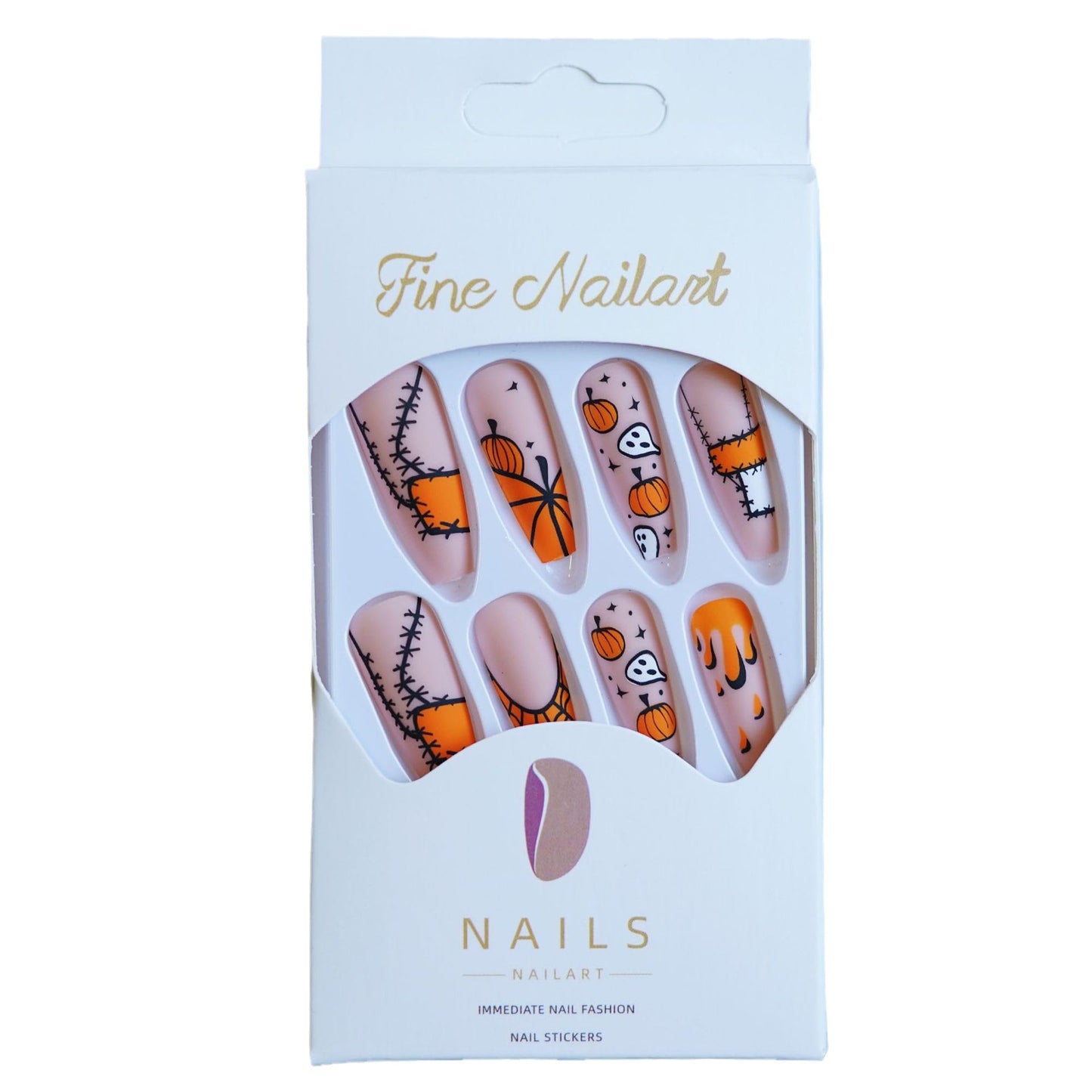 Halloween Press on Nails Long Coffin Fake Nails Orange Yellow False Nails with Designs Pumpkin Ghost Spider Web Glue on Nails Full Cover Coffin Acrylic Nails Stick on Nails for Women 24 PCS