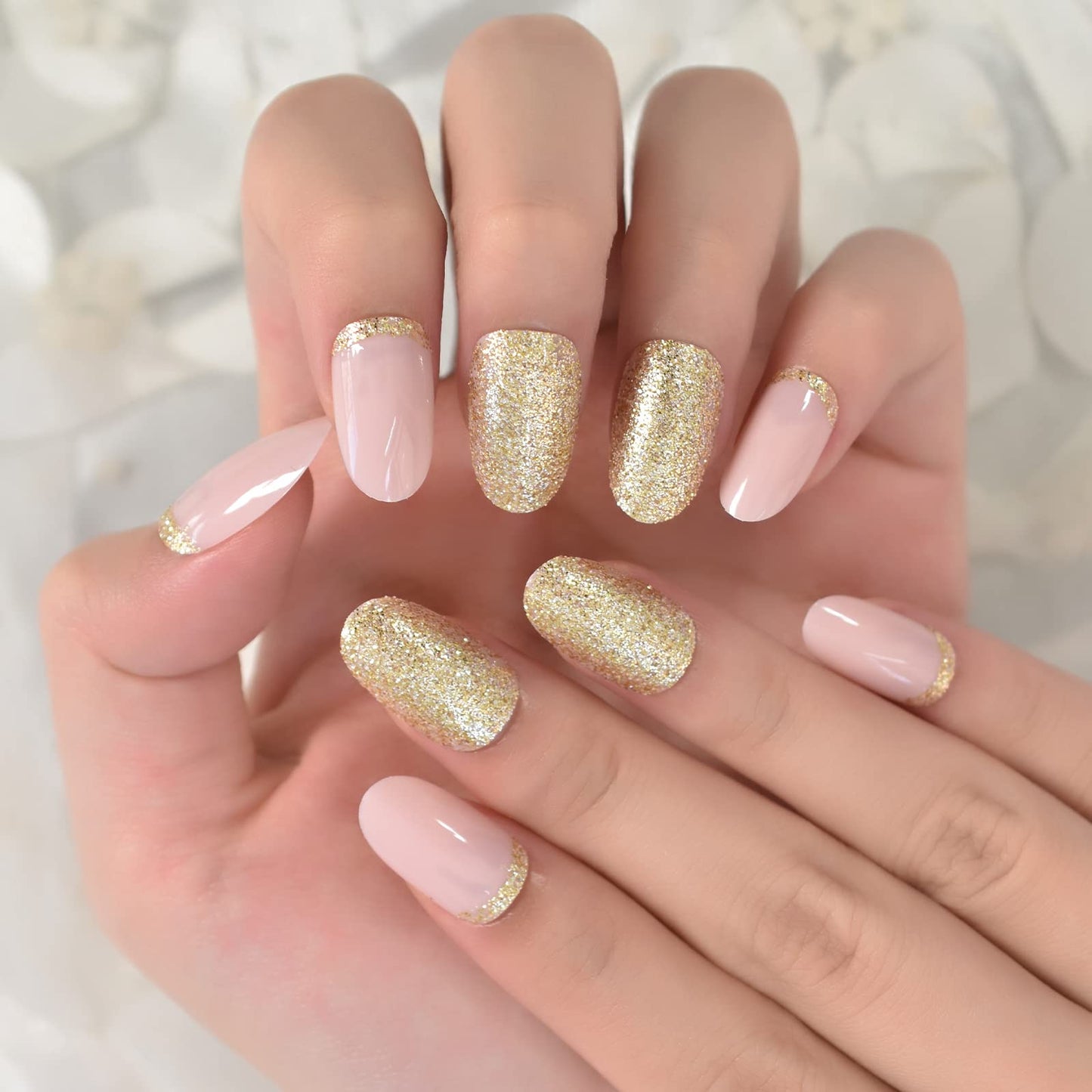 Golden Glitter Light Pink Oval Fake Nails Daily Style Glossy Short Nail Art Tips Press on Nails Shimmer Manicure Tips for daily Wear With 24Pcs Adhesive Tabs Mini Files Woody Stick for Women Girls Gift