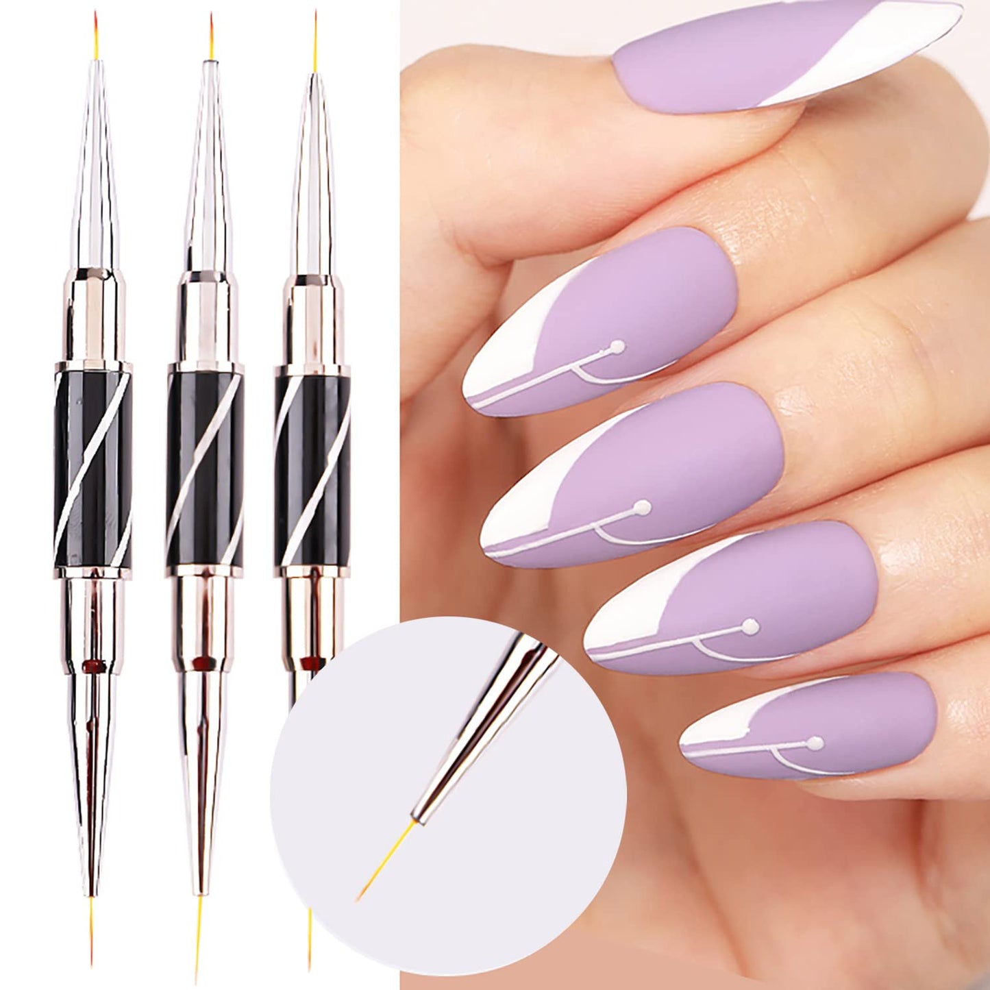 JERCLITY 5pcs Twill Black Double-Ended Nail Art Brushes Set Nail Liner Brush Nail Lace Brush Round Flat Gel Builder Brush Nail Carving Pen 3D Painting Brush Nail Design Tools for Acrylic Nails