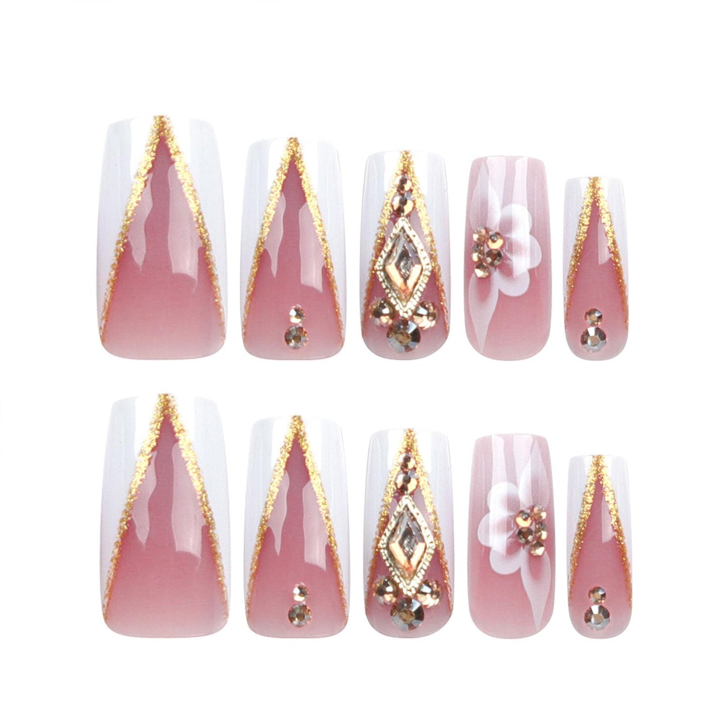 White French Tip Press on Nails Long Square Fake Nails with 3D Gold Rhinestones Designs Pink Translucent Nails Press ons Flowers & Glitter Stick on Nails for Women 24 Pcs