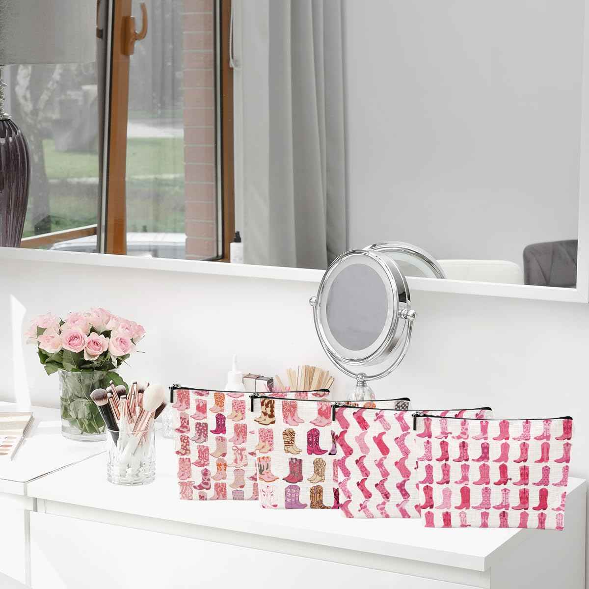 4pcs Pink Cowboy Boots Makeup Bag Hot Pink Cowgirls Cosmetic Bags Cowboy Boots for Women Makeup Bag, Cowgirls Gifts for Women Friends Sisters Birthday Gift, Toiletry Zipper Pouch