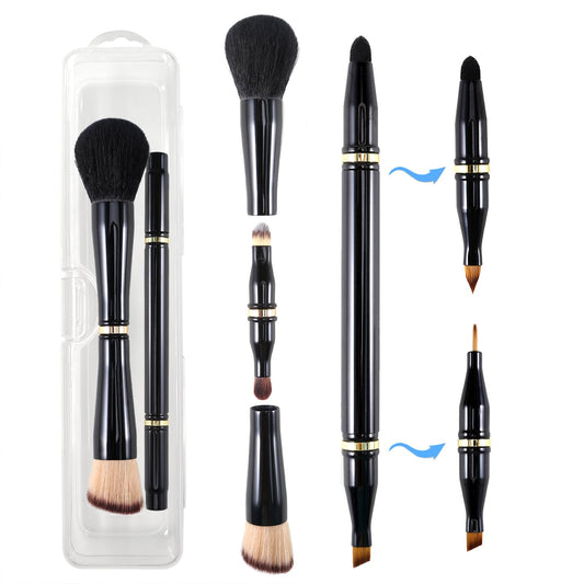 Ponhey 4 in 1 Travel Makeup Brushes Set Detachable Travel Makeup Brush with case for Foundation| Loose Powder| Concealer| Eye Shadow| Eyeliner Double Ended Makeup Brush Ideal for Liquid, Cream, Powder