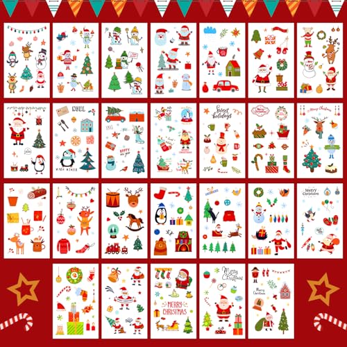 Leesgel 36 Sheets Christmas Full Arm Temporary Tattoos for Kids, 10Pcs Snowy Santa Claus Deer Sleeve Fake Tattoos, 320 Styles Christmas Themed Party Tattoos Stickers for Boys Girls