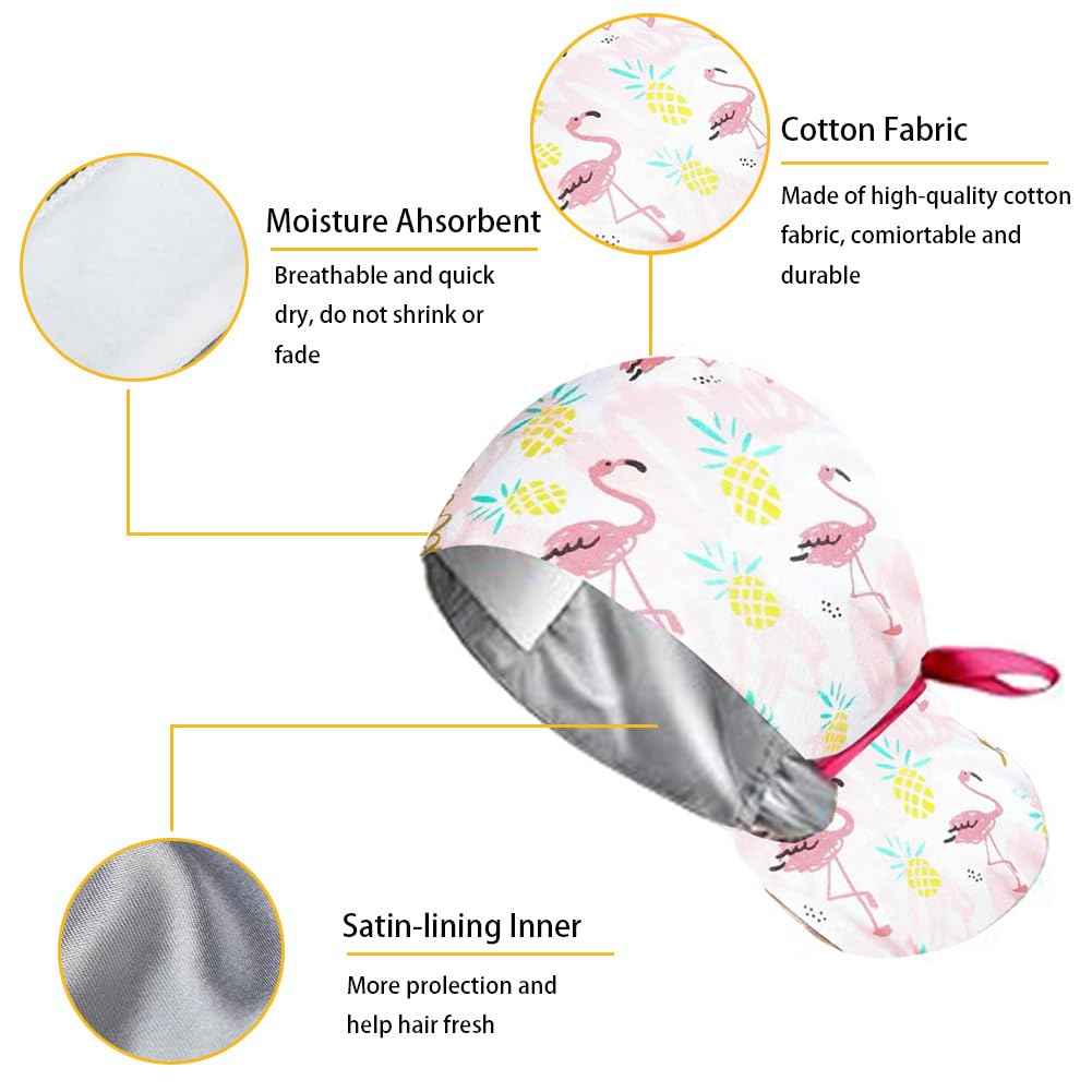6 Pcs Scrub Caps Women Satin Lined, Adjustable Surgical Caps for Women, Nurse Cap with Button and Sweatband, Scrub Hats Women Ponytail, Working Cap for Unisex, Elastic Ponytail Tie Back, One Size