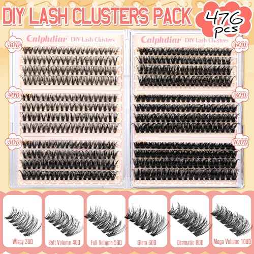 Calphdiar Eyelash Clusters 30D+40D+50D+60D+80D+100D Lash Clusters Wispy Individual Lashes 476PCS D-curly Lash Extension 10-16MM Natural Lashes Clusters DIY Cluster Eyelash Extensions for Beginners