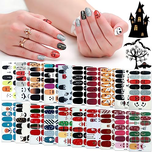 SILPECWEE 20 Sheets Nail Polish Stickers Halloween Christmas Nail Wraps Holiday Self Adhesive Nail Polish Strips for Women Press on Fingernails Manicure Stickers with 1pc Nail File