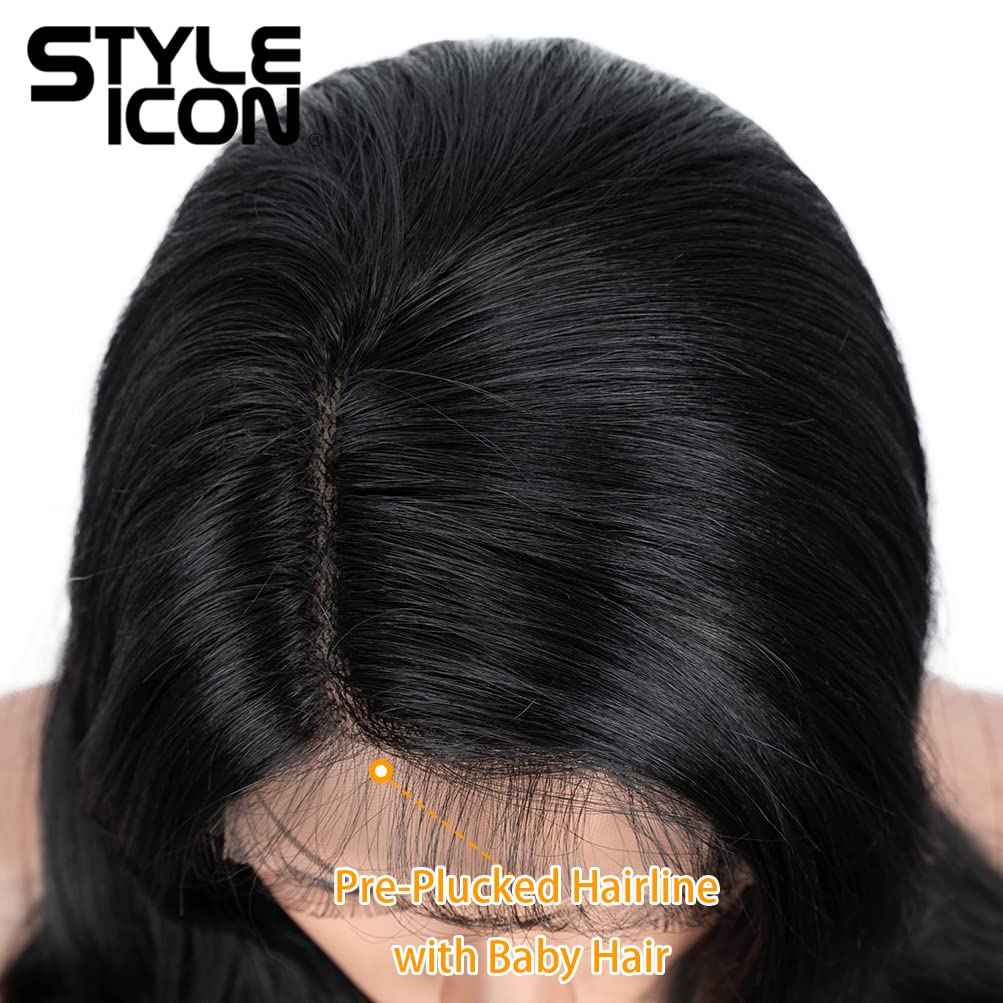 Style Icon 28" Lace Front Wigs Long Straight Synthetic Black Wig (Side Part Lace Wig, 1B)