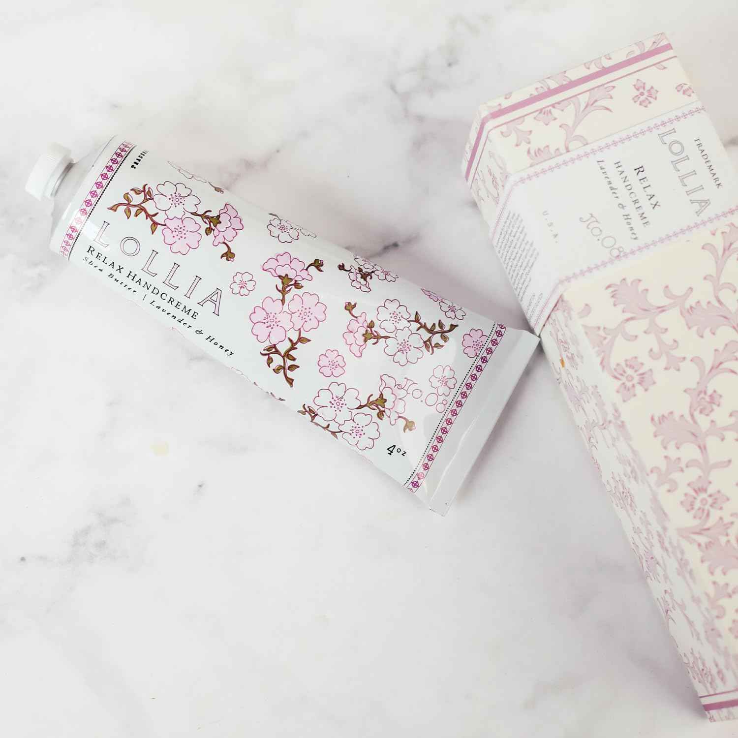 LOLLIA Relax Handcreme, 4 oz, Sugar Cane, Vanilla Bean, & Jasmine, Scented Hand Cream for Women, Moisturizing Lotion for Dry Hands, Quick Absorbing Shea Butter & Cocoa Butter, Luxury Purse Essentials