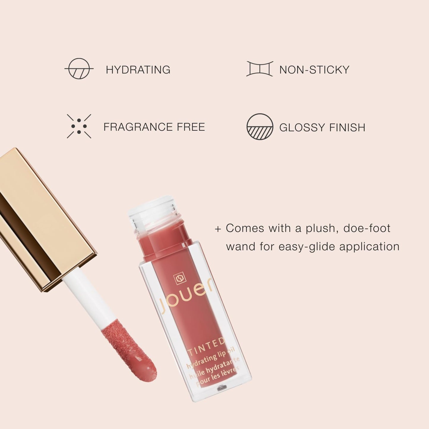 Jouer Essential Tinted Hydrating Lip Oil Gloss – Moisturizing Dry Lip Treatment Serum - Fragrance Free Tinted Lip Oil - Jojoba Seed Oil and Apricot Oil Formula