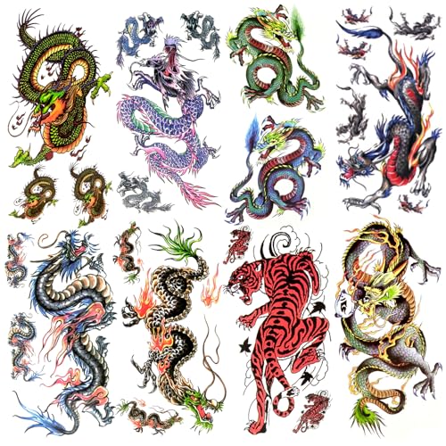 8 Sheets Temporary Tattoos - Dragon Tiger Chinese Blue Green