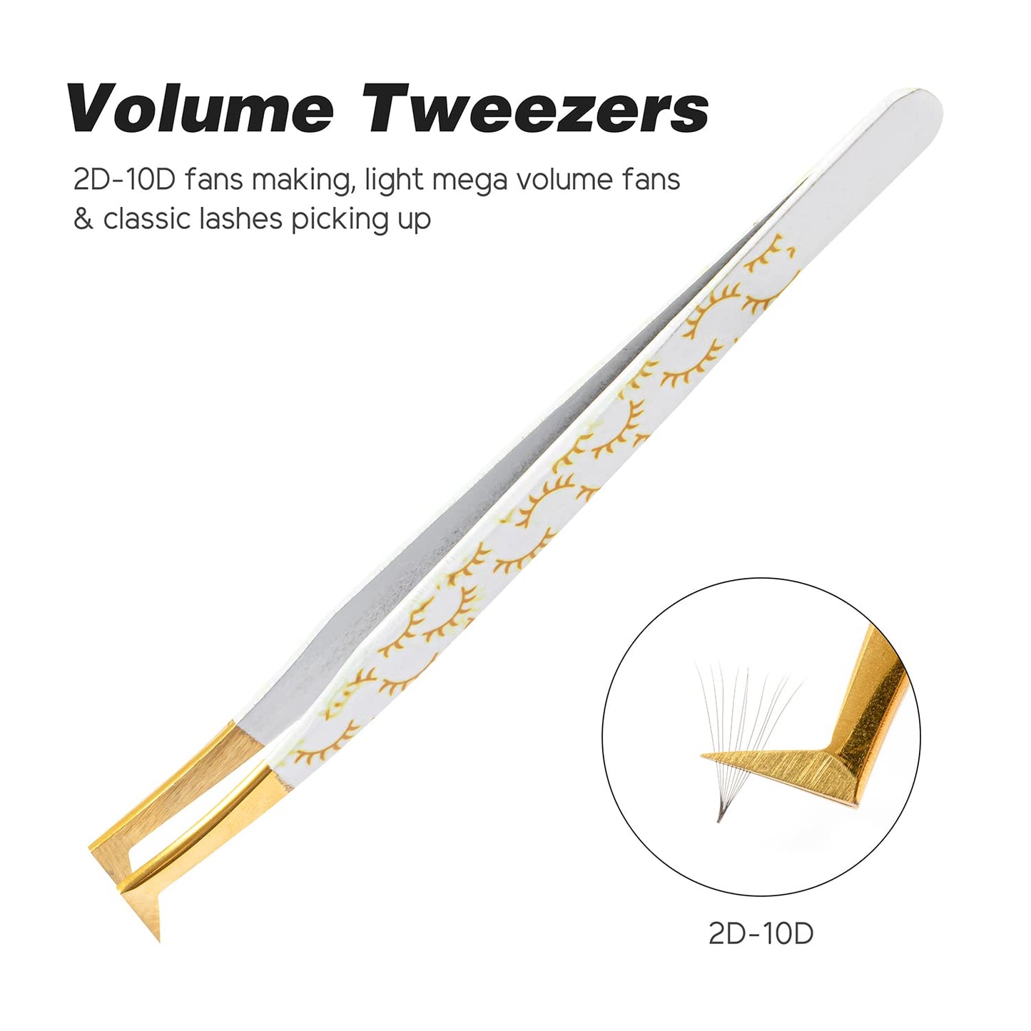 TDANCE Lash Tweezers for Eyelash Extensions,Volume Lash Tweezers for Mega Volume Lashes Make Fans,Stainless Steel Fiber Tip Lash Extension Tweezers(White-Gold-T01-Volume Tweezers,1Pcs)