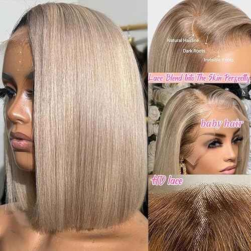 Ash Blonde Bob Wig Human Hair 13x4 HD Transparen Lace Frontal Wig Human Hair for Black Women,Glueless Ash Blonde Straight Bob Wigs Human Hair Pre Plucked 150% Density Short Blonde Wigs Human Hair
