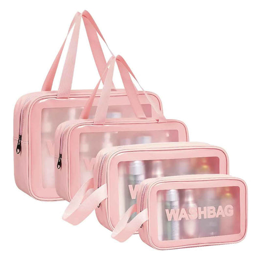 Aucuu 5PCS Clear Toiletry Bags, Wash Bag, Clear PU Makeup Bag, Waterproof Toiletry Travel Bag with Zipper Handle, Portable Airport Cosmetic Bag for Travel Bathroom Men Women (Pink)