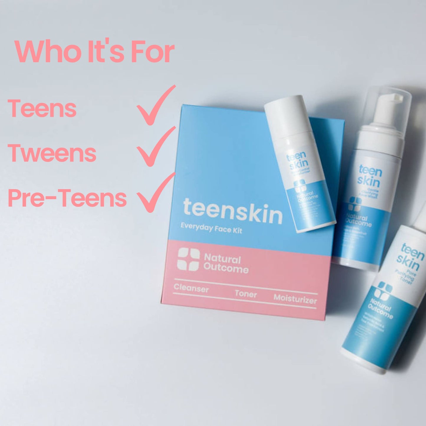 Natural Outcome Teen Skin 3-Step Skin Care Kit | Daily Boys & Girls Skin Care Regimen | Face Wash, Toner, & Moisturizer | Perfect for Teens Preteens & Kids Looking to Prevent Acne | 3 Pc