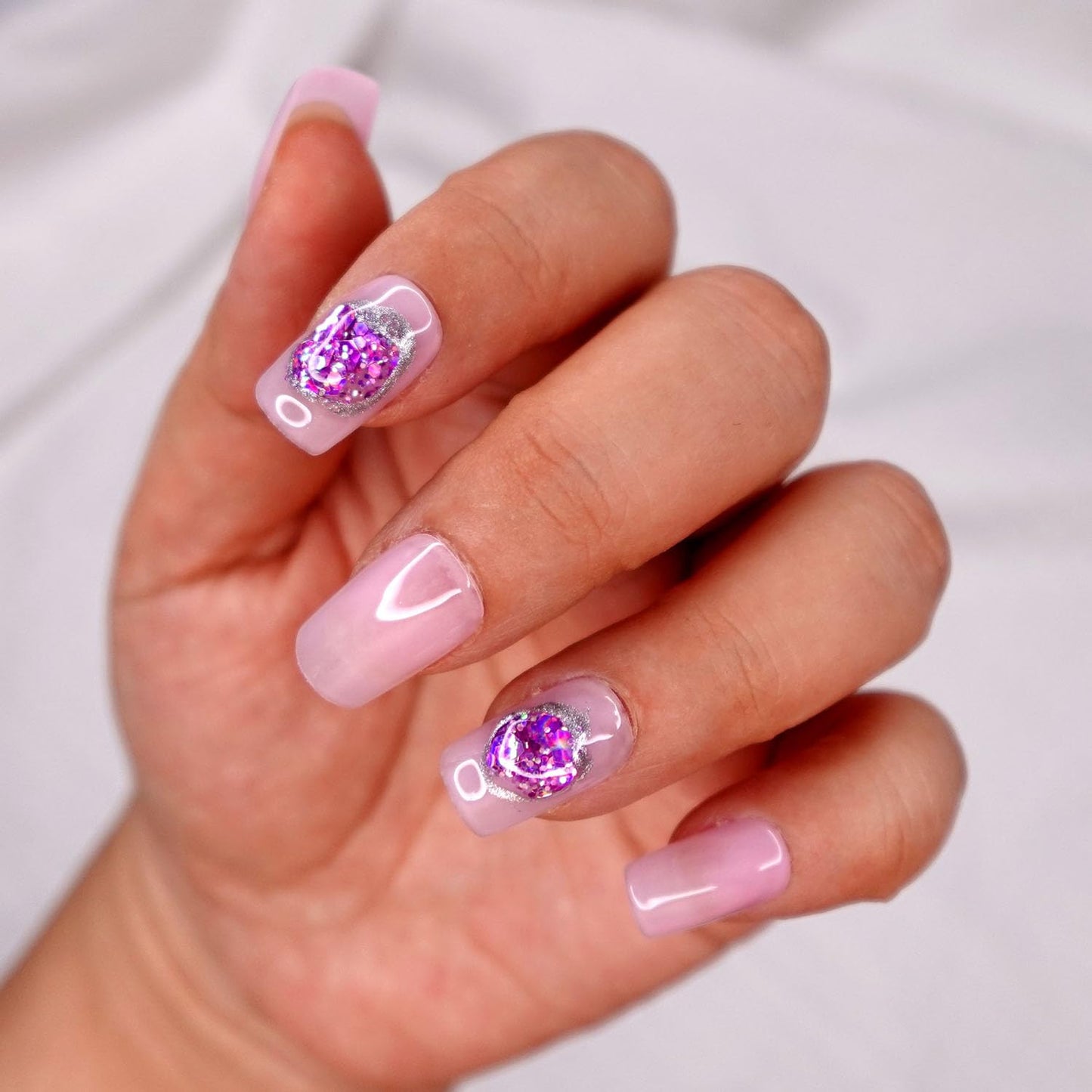 10 Pcs Handmade Press on Nails (Small, Pink Lake - Jelly Pink with Light Purple Gem Design/Short Square) A122S