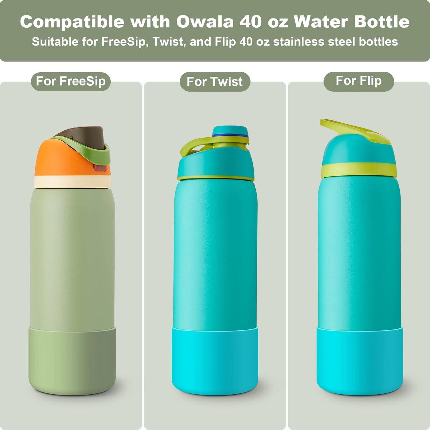 Alwenid 2PCS Silicone Water Bottle Boot for Owala 40 Oz, Anti-Slip Protective Sleeve Bottom Bumper Protector for FreeSip, Twist, and Flip Stainless Steel Water Bottles (Mint)