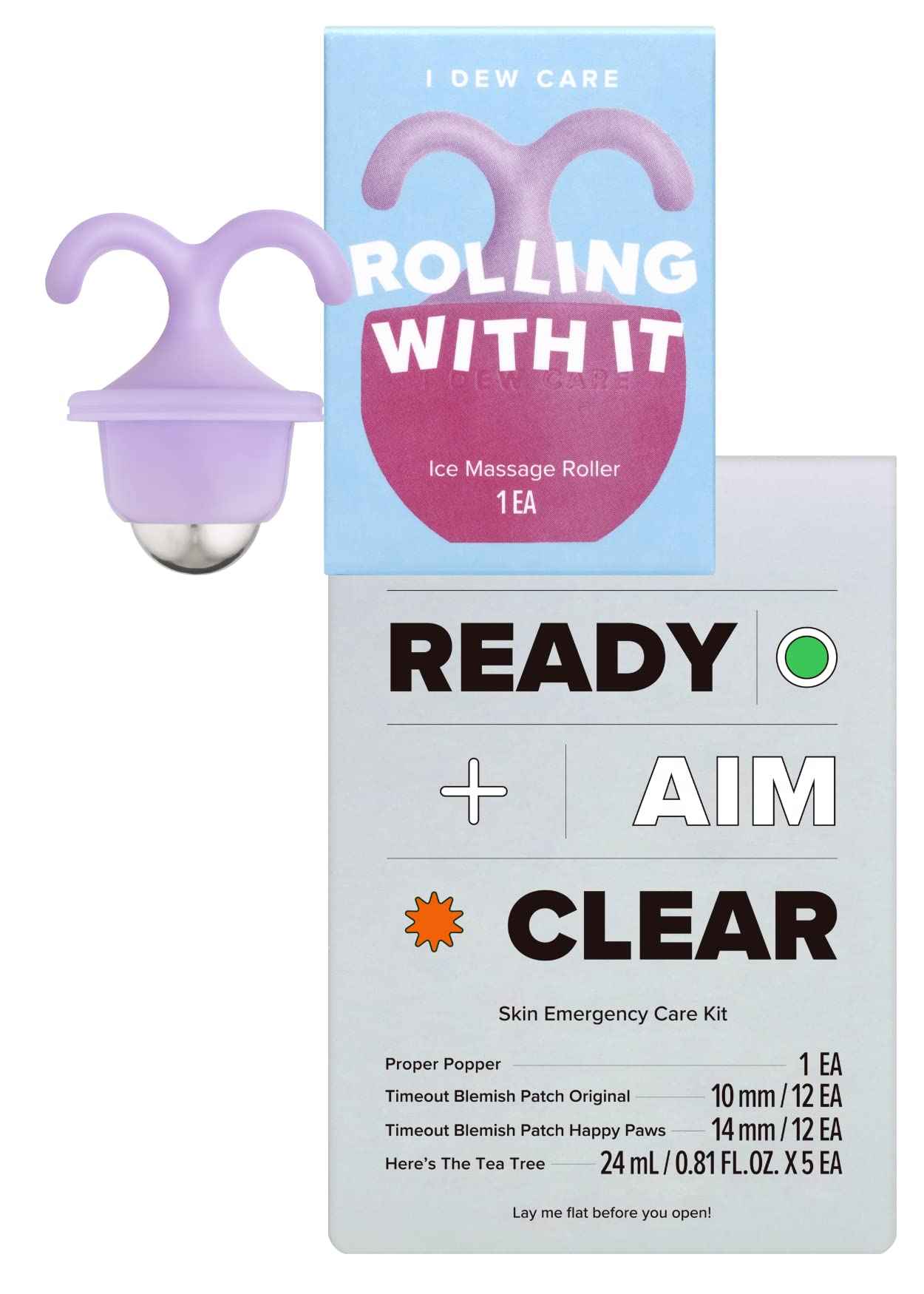 I DEW CARE Rolling With It | Reusable and Hygenic Cooling Facial Roller + Emergency Skin Care Kit - Ready Aim Clear Bundle