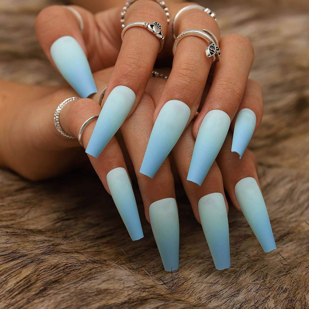 Gangel Gradient Blue Press on Nails Extra Long False Nails Coffin Matte Fake Nail Full Cover Fake Nails Ballerina Acrylic Nails for Women and Girls 24Pcs (Graduated Blue)