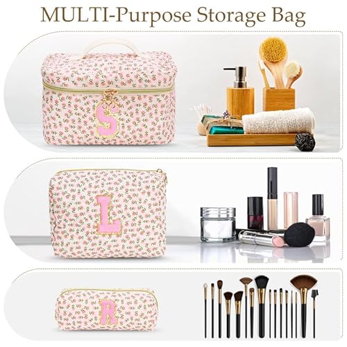 3 PCS Travel Makeup Bag Set, A?Z Initials Cotton Quilted Cosmetic Bag for Women & Preppy, Personalized Toiletry Bag Travel Accessories Makeup Brushes Organizer, Valentine¡¯s Day & Birthday Gift for Her