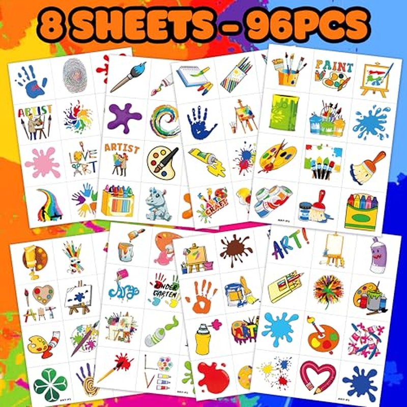 96 PCS Art Artist Paint Brushes Pre-Cut Temporary Tattoos Birthday Party Decorations Supplies Favors Sip Paint Multicolor Art Painting Colorful Decor Stickers For Girls Boys Gift School Prizes Rewards