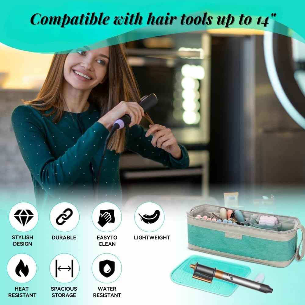 ‍Hair Tool Travel Bag with Heat Resistant Mat – Travel Case for Curling Iron, Straightener, Dy son Air wrap, Shark FlexStyle – Waterproof Organizer with Silicone Bottles