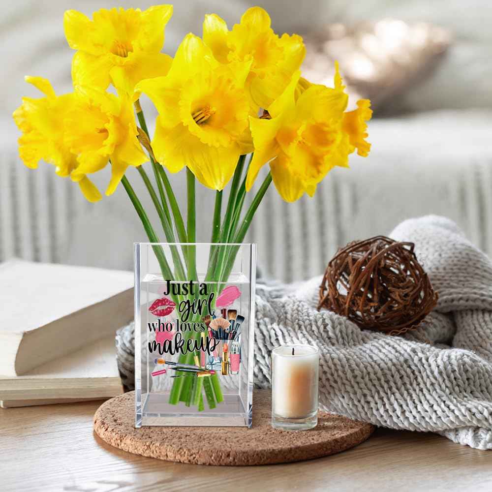 Vgrti Just A Girl Who Loves Makeup Acrylic Makeup Brush Organizer Holder, Girls Desk Acrylic Brushes Storage, Christmas Birthday Gifts for Daughter Niece Sister BFF Make Up Artist Makeup Lover