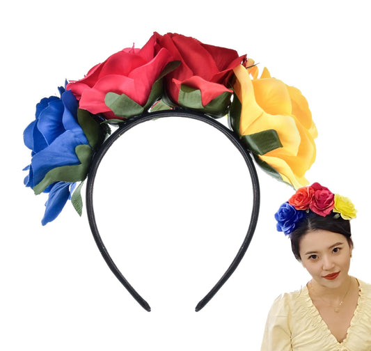 June Bloomy Rose Floral Crown Garland Flower Headband Headpiece for Wedding Festival (H-Red Yellow Blue)