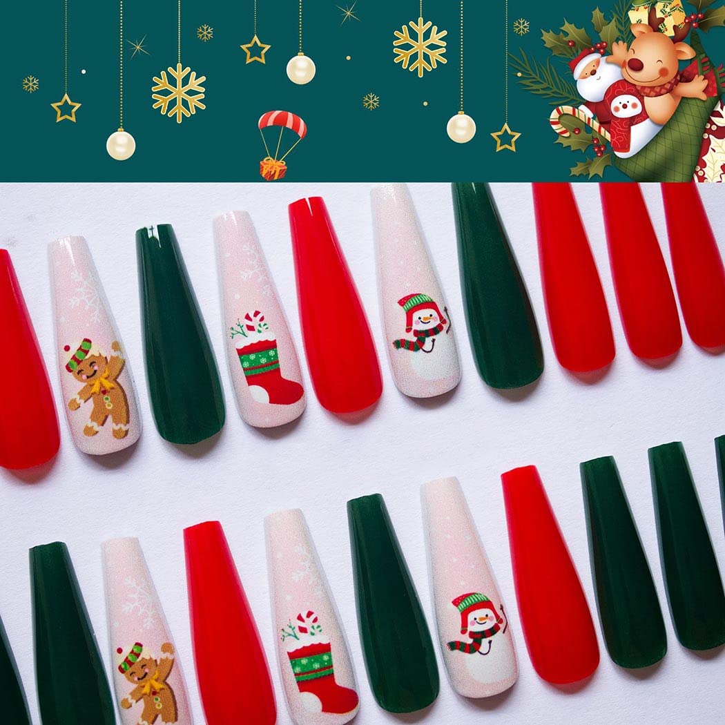 Uranian Coffin Extra Long Press on Nails Snowflake Red Christmas Fake Nails Elk Ballerina Glossy Full Cover False Nails Santa Claus Acrylic Nails Tips for Women and Girls 30 PCS (Pattern-B)