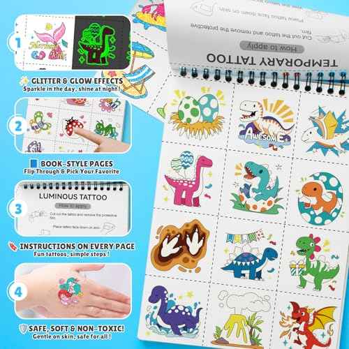 Partywind 192 Styles Glow & Glitter Temporary Tattoos Book for Kids, 16 Themes Kid Temporary Tattoos for Party Favors Classroom Prizes,Tattoos for Kids Birthday Supplies Goodie Bags Stuffer