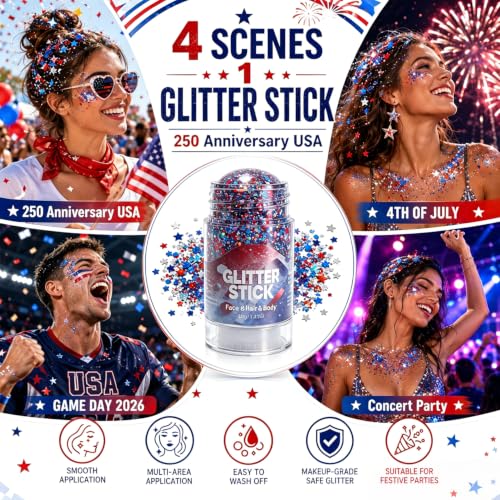 4th of July Red White Blue Glitter Stick, Patriotic Face & Body