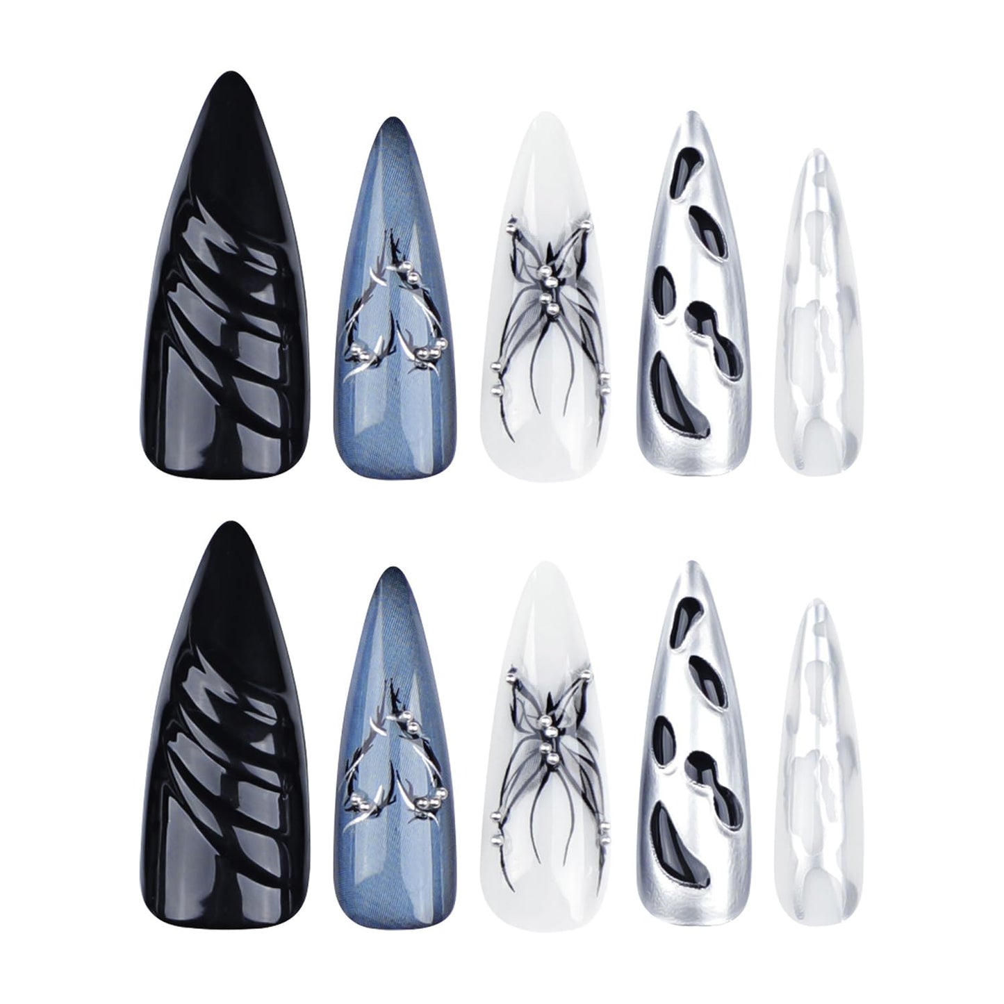 Metallic Press on Nails Long Stiletto Fake Nails Ombre Blue Butterfly False Nails with heart Designs Full Cover Dark Styles Acrylic Nails White Glossy Glue on Nails Artificial Nails for Women Girls