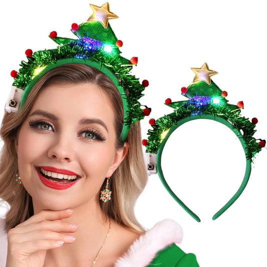 CLOACE LED Christmas Headbands Green Luminous Glitter Hair Hoop Xmas Trees Hairband Cosplay Festival Holiday Party Hair Accessories for Women and Girls (Style-A)