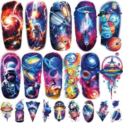 77 Sheets Temporary Tattoos, 17 Sheets Space Planet Astronaut Rockets Half Arm Fake Tattoo for Adults Men Women, 60 Sheets Small Waterproof Lasting Stickers Tattoo for Boys Girls Kids Party