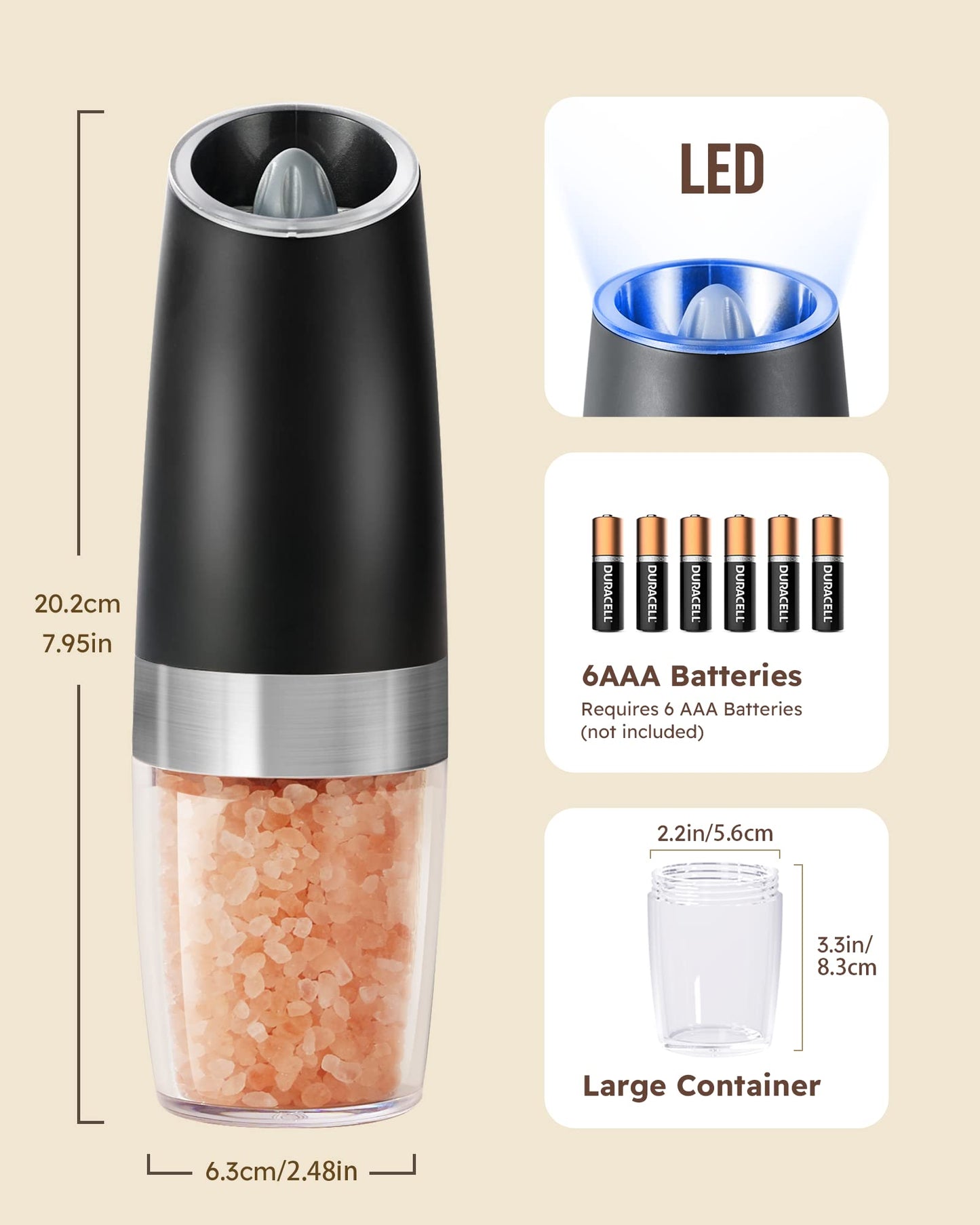 Sangcon Gravity Electric Salt and Pepper Grinder Set Automatic Shakers Mill Grinder with LED Light, Battery Powered Adjustable Coarseness One Hand Operation, Upgraded Larger Capacity