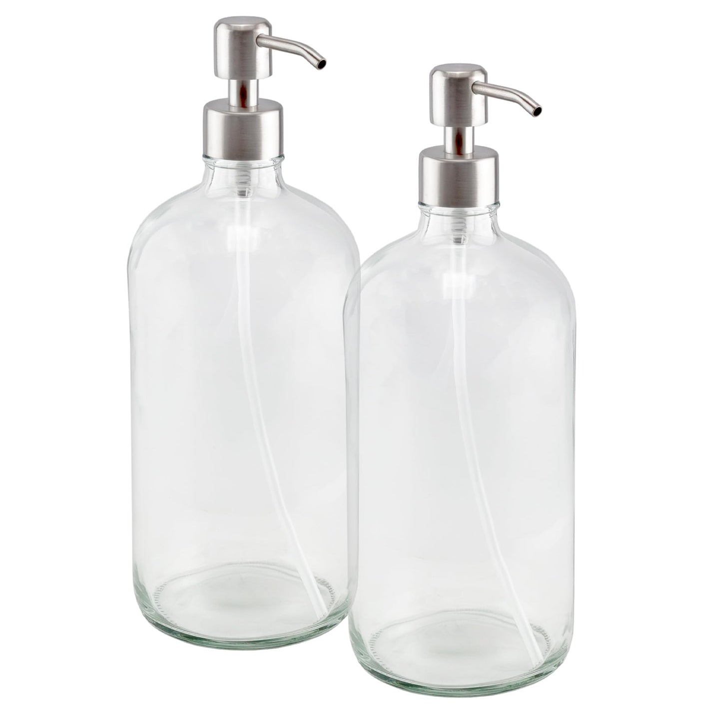 Cornucopia Brands 32oz Glass Pump Bottles w/Stainless Steel Pump (2-Pack, Clear); Economy Size Soap Dispenser for Massage Oils, Lotions, Liquid Soaps