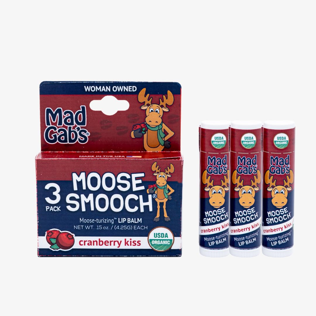 Mad Gab's Moose Smooch Cranberry Kiss Lip Balm 3pk | Moisturizing and Certified Organic | Made with Organic Olive Oil and Beeswax