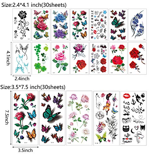 60 Sheets Waterproof Temporary Tattoos Stickers - Flowers & Butterflies