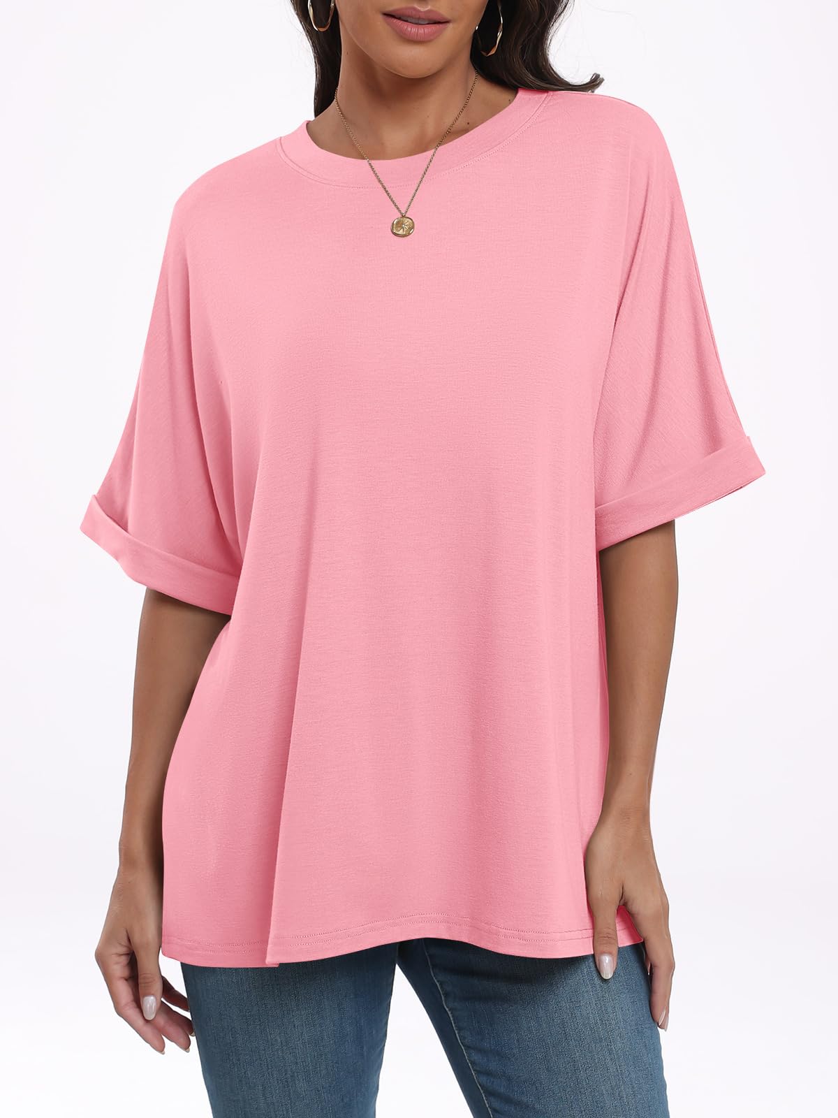 ANRABESS Women's Oversized T Shirts Short Sleeve Crewneck Summer Tops Casual Loose Basic Tee Shirts 2024 Trendy Clothes Pink Small