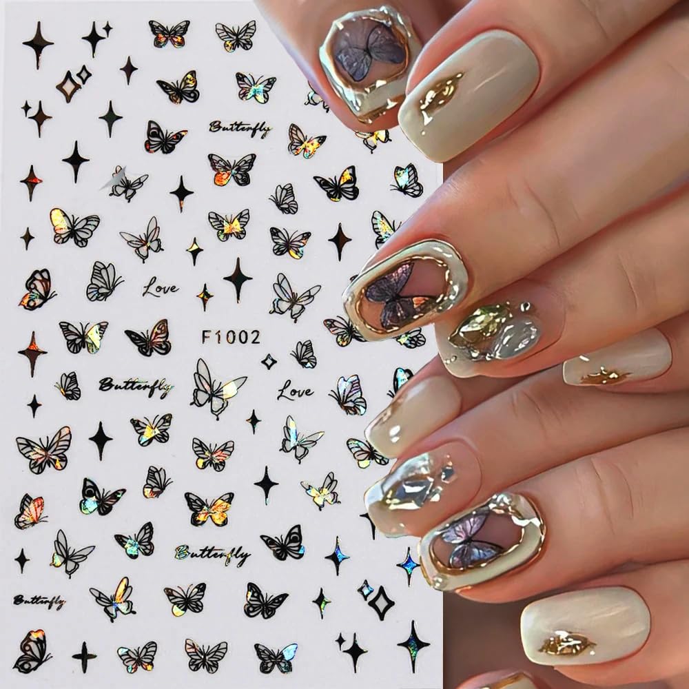 8pcs Laser Black Butterfly Nail Stickers for Women 3D Butterfly Nail Art Stickers Butterfly Nail Decals for Nail Art Supplies Self Adhsive Butterfly Stickers for Nails Butterflies Nail Decorations