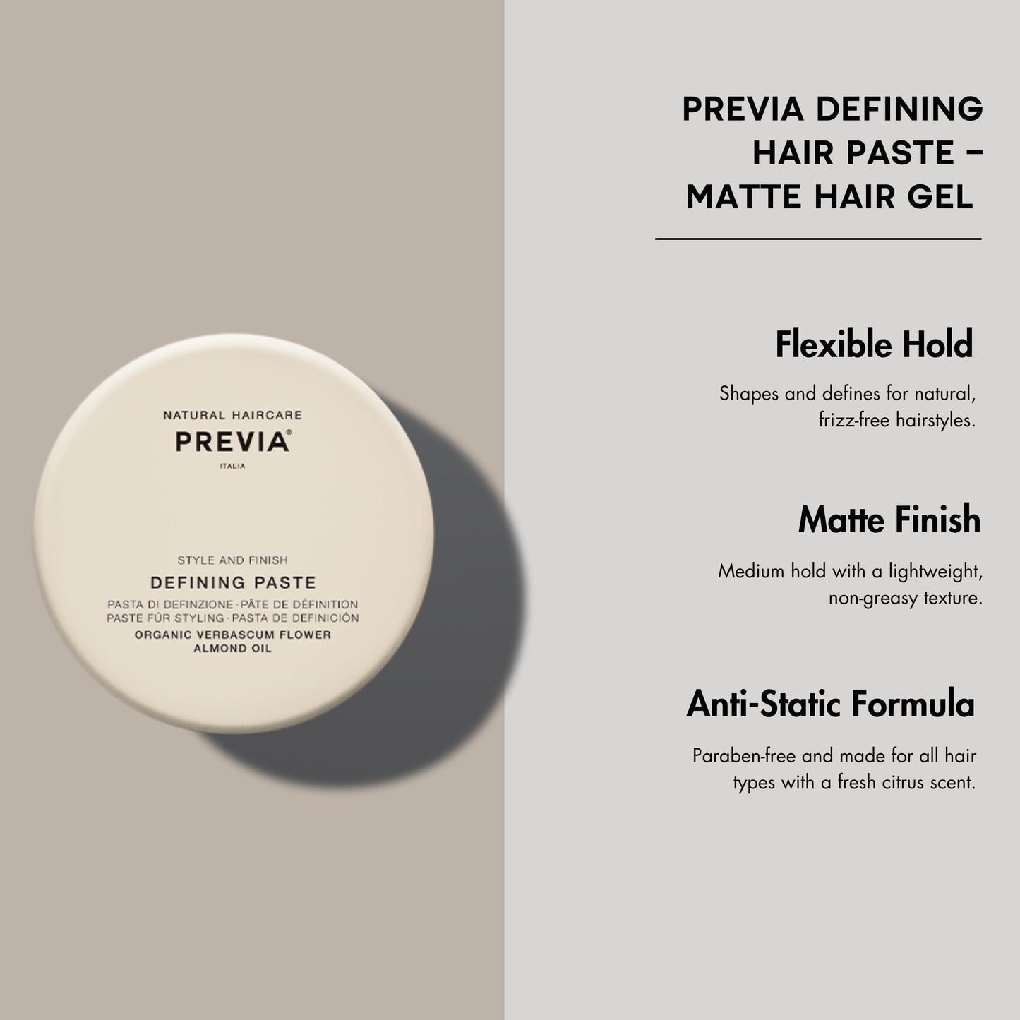 PREVIA Defining Hair Paste - Matte Hair Gel with Medium Hold for All Hair Types - Anti-Static, Flexible Hold Hair Styling Product with Natural Citrus Fragrance - Paraben-Free - 3.38 oz