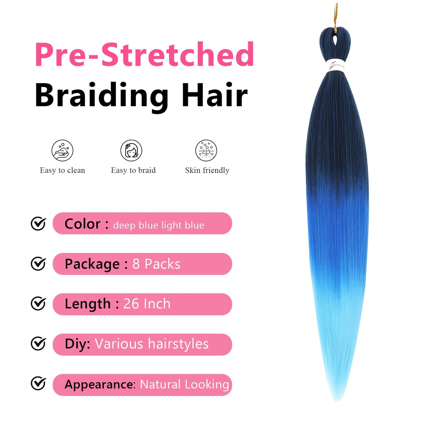 Braiding Hair Pre Stretched Ombre Braiding Hair Extensions for Braids 8Packs Long Braids Crochet Hair for Braiding 26 Inch EZ Braids Hot Water Setting Braiding Hair(70℃/80℃)