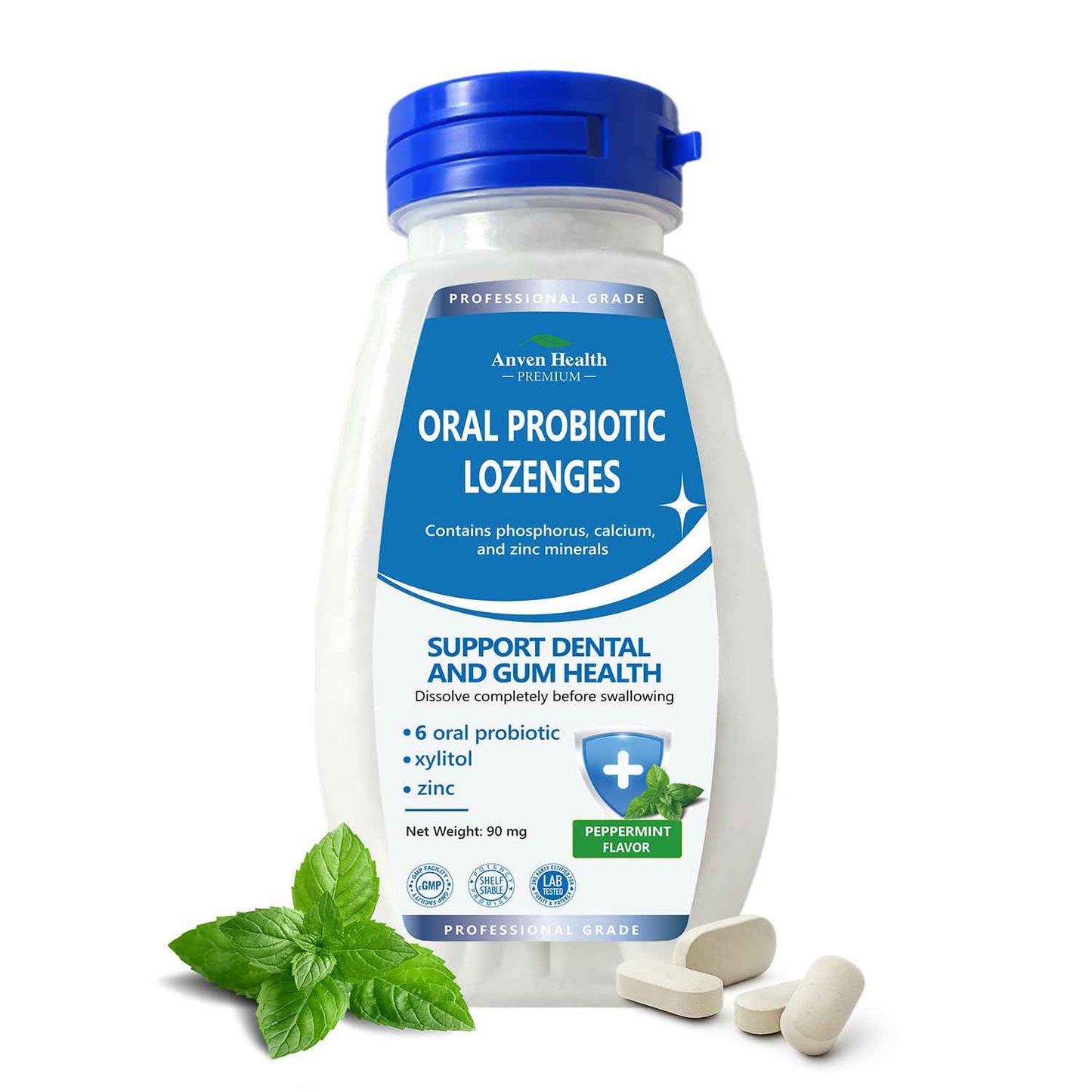 Anven Health Oral Probiotics Lozenges for Mouth Bad Breath & Gum Repair - 6 Strains with Prebiotic, Zinc & Ca for Dry Mouth Relief, Enamel Shield, Mint Flavor with Xylitol - 90 Lozenges, Sugar-free