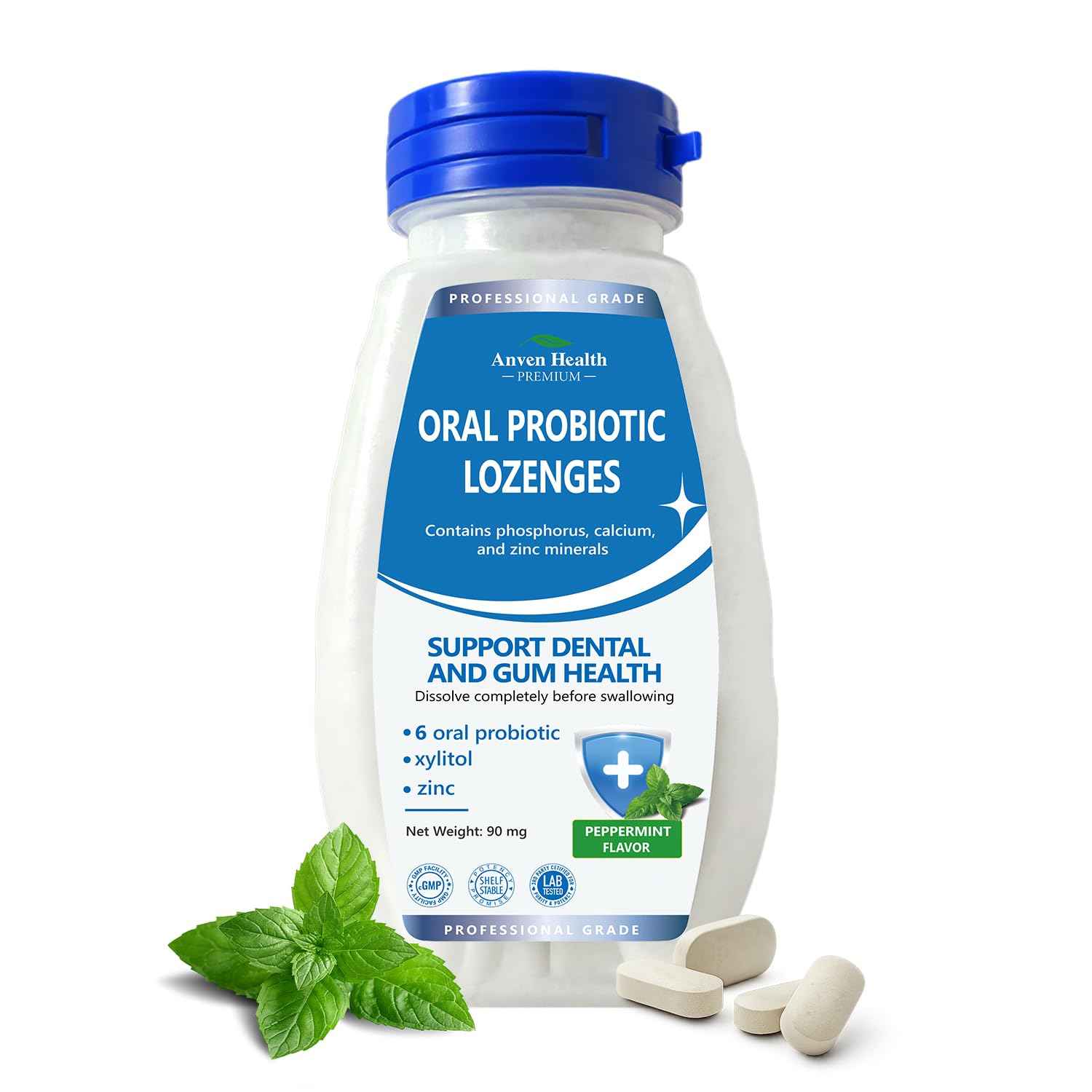 Anven Health Oral Probiotics Lozenges for Mouth Bad Breath & Gum Repair - 6 Strains with Prebiotic, Zinc & Ca for Dry Mouth Relief, Enamel Shield, Mint Flavor with Xylitol - 90 Lozenges, Sugar-free