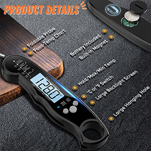 Digital Meat Thermometer, Waterproof Instant Read Food Thermometer for Cooking and Grilling, Kitchen Gadgets, Accessories with Backlight & Calibration for Candy, BBQ Grill, Liquids, Beef, Turkey…