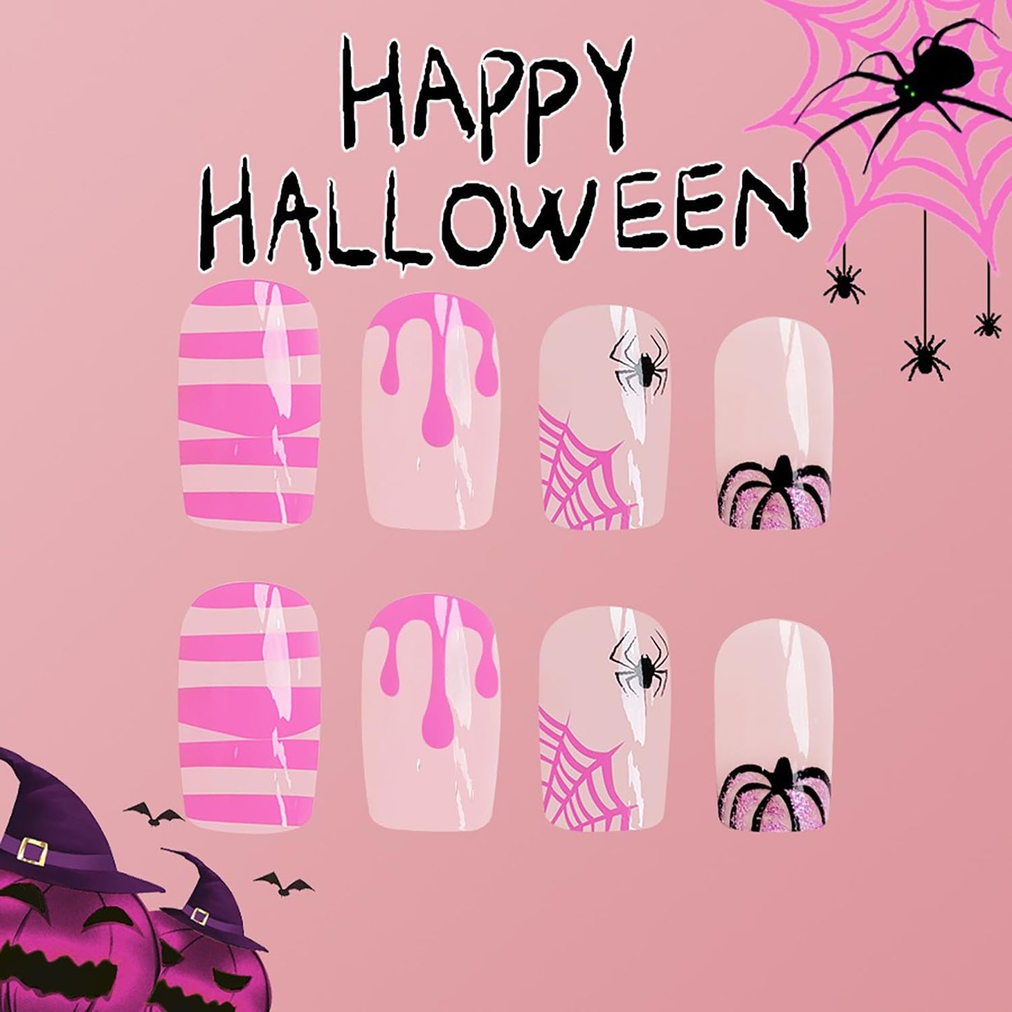 Halloween Press on Nails Short Square Pink Blood Spider Web False Nails with Glitter Pumpkin Bat Designs Full Cover Glossy Glue on Nails Cute Acrylic Nails Halloween Artificial Nails for Women Girls