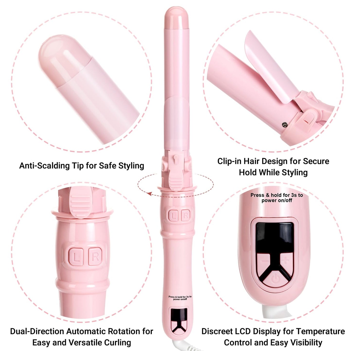 Rotating Curling Iron, 1.1 Inch Professional Hair Curler for Long-Lasting Curls & Beach Waves, Fast-Heating Curling Wand for Long & Short Hair, Perfect Hair Waver Styling Tool, Pink