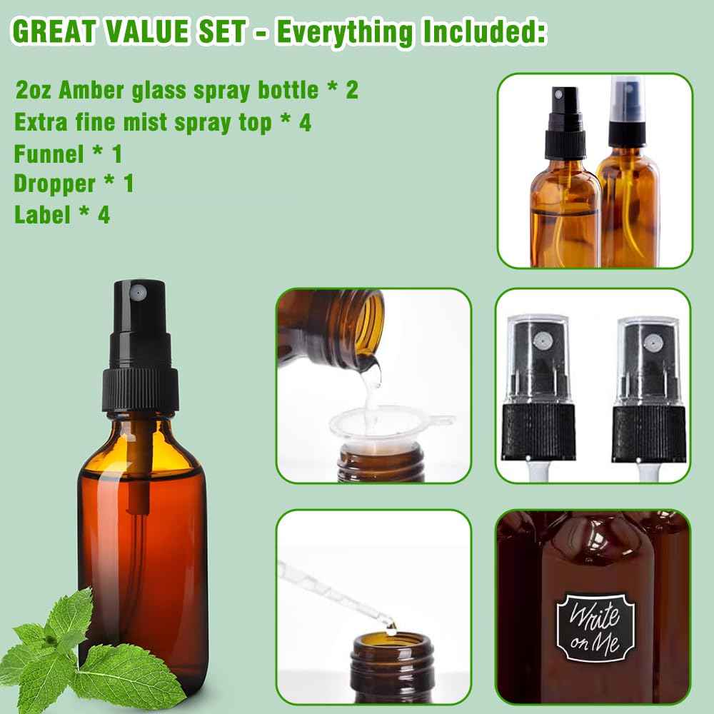 YUNFOOK 2oz Amber Glass Spray Bottles for Essential Oils, Hair, Skincare, Cleaning & Travel,2-Pack Small Empty Spray Bottle